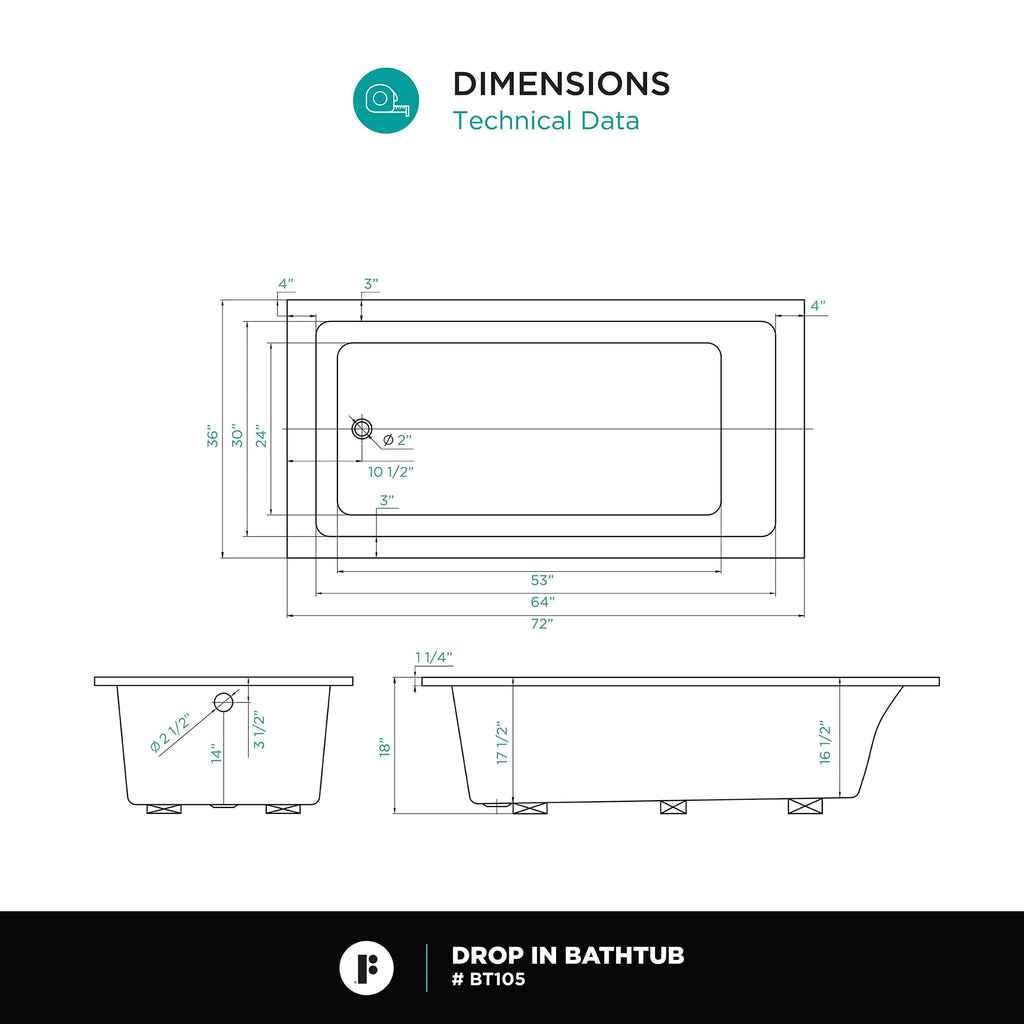 Fine Fixtures Drop In White Soaking Bathtub, Fiberglass Acrylic Material, 60"L x 32"W x 19"H