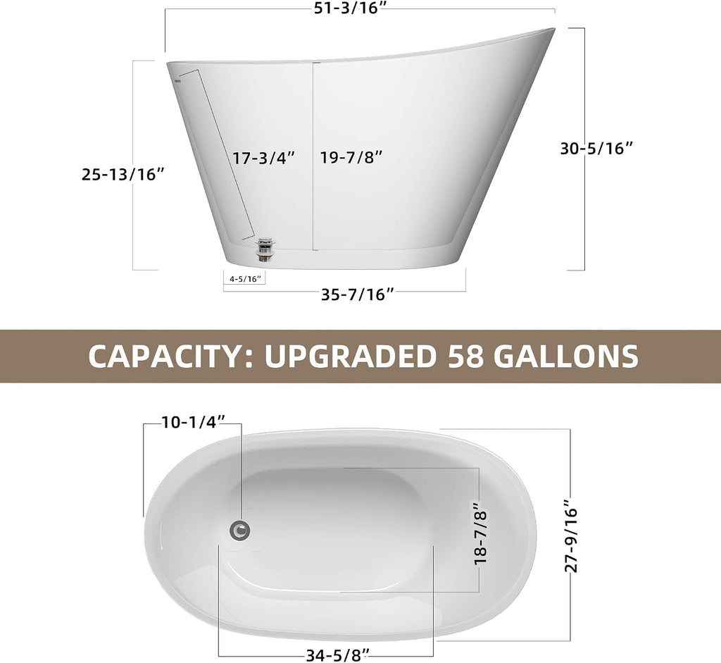 GETPRO Free Standing Tub 51" Deep Soaking Bath Tub, Oval Shape Acrylic Freestanding Bathtub with Integrated Slotted Overflow and Removable Anti-clogging Drain Glossy White
