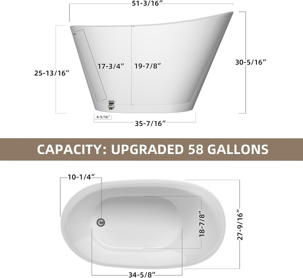 GETPRO Free Standing Tub 51" Deep Soaking Bath Tub, Oval Shape Acrylic Freestanding Bathtub with Integrated Slotted Overflow and Removable Anti-clogging Drain Glossy White