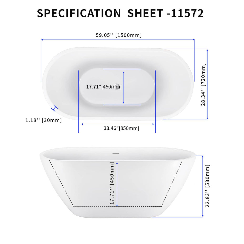 62" Lucite Acrylic Freestanding Bathtub, Double Slipper Soaking Tub