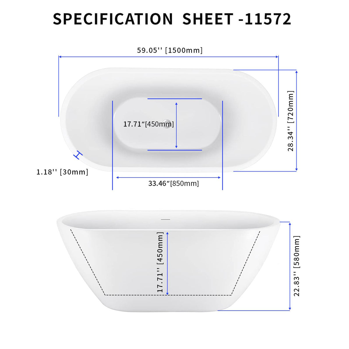 62" Lucite Acrylic Freestanding Bathtub, Double Slipper Soaking Tub