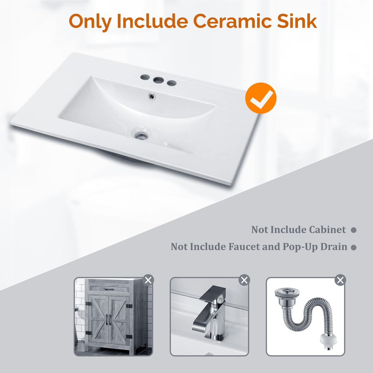 VINGLI 24 In Vanity Top Sink,1 Pre-Drilled Standard 1 3/8" Faucet Hole,1 3/4" Diameter of Center Hole,24 Inch Modern Rectangular Ceramic Single Sink Basin Vanity Top, 24"Wx18.1"Dx6.7"H,White