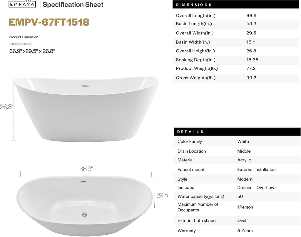 Empava 67" Luxury Freestanding Soaking Bathtub - Modern Oval Spa Tub