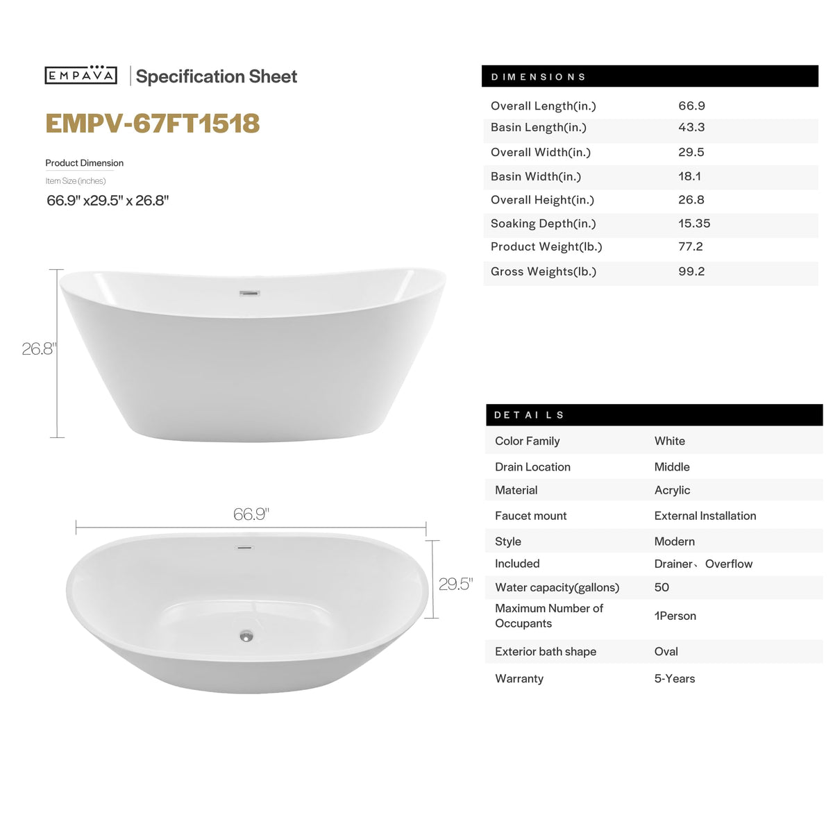 Empava 59 Inch Freestanding Bathtub, Acrylic Deep Soaking Tub, White