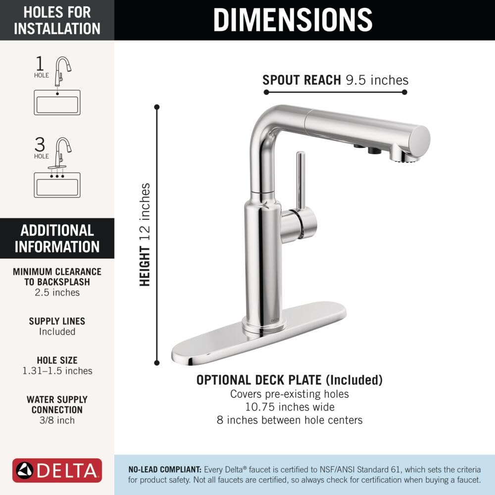 Delta Daneri Brushed Nickel Kitchen Faucet with Pull-Out Sprayer, Modern Single Hole Kitchen Sink Faucet, Single Handle, Stainless 16879-SS-DST