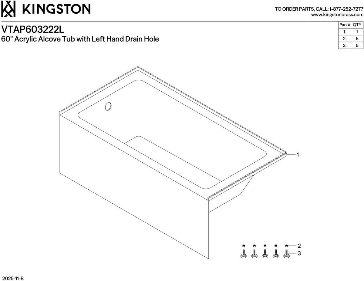 Kingston Brass VTAP603222L Aqua Eden 60-Inch Acrylic Alcove Tub with Left Hand Drain Hole, L 60" x W 32" x H 21-5/8"D, White