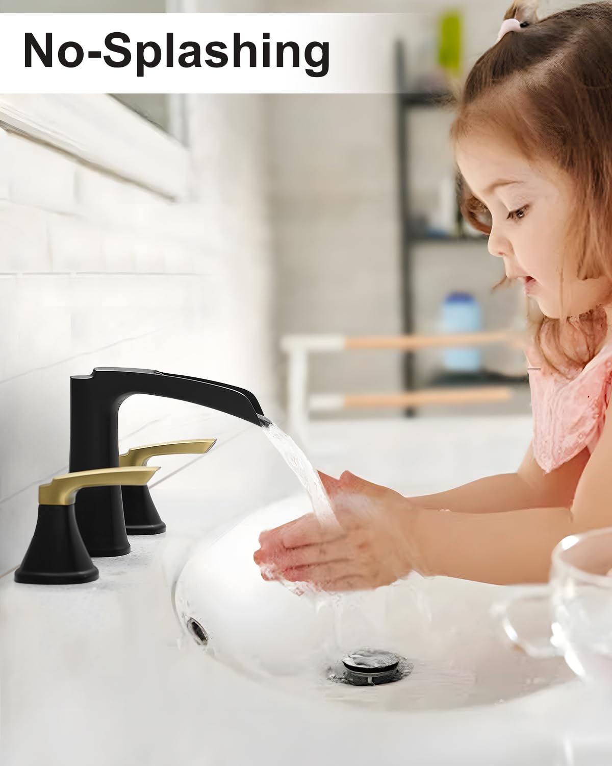 Fapully Brushed Nickel Bathroom Faucet 3 Hole, Waterfall 8 Inch Widespread Bathroom Sink Faucet with Pop-up Drain, Two-Handle Faucet for Bathroom Sink