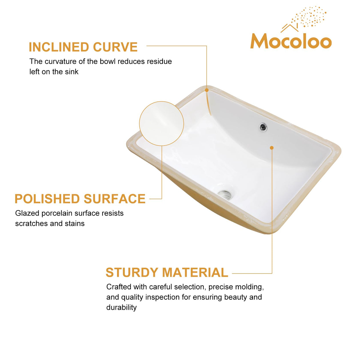 Mocoloo Bathroom Sink Undermount 22"x16" White Rectangle Porcelain Sink with Vertical Sides and Overflow Drain Under Counter Mount Ceramic Lavatory Vanity Sinks for Bathroom Interior Size 19 x 13
