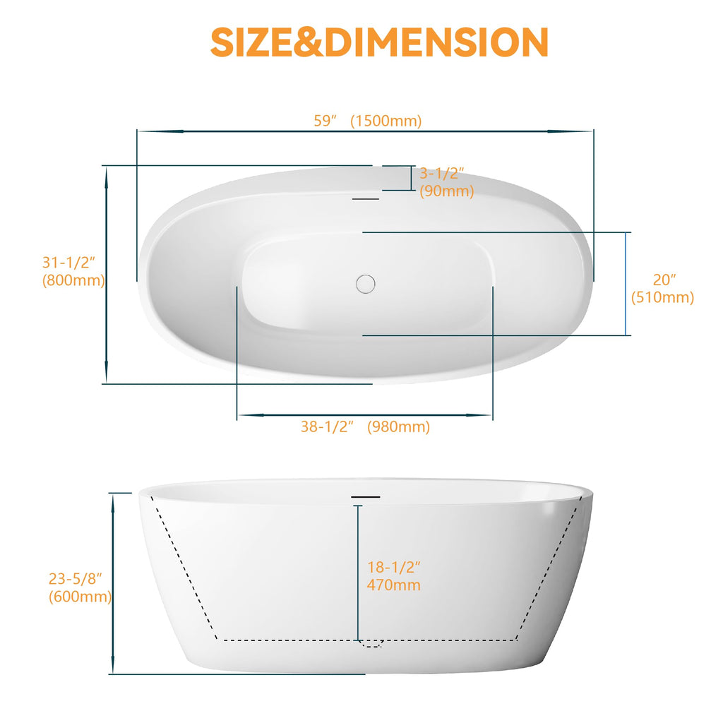 61" Freestanding Bathtubs, Acrylic Soaking Tubs for Adult, Integrated Overflow and Drain, cUPC Certified, Glossy White