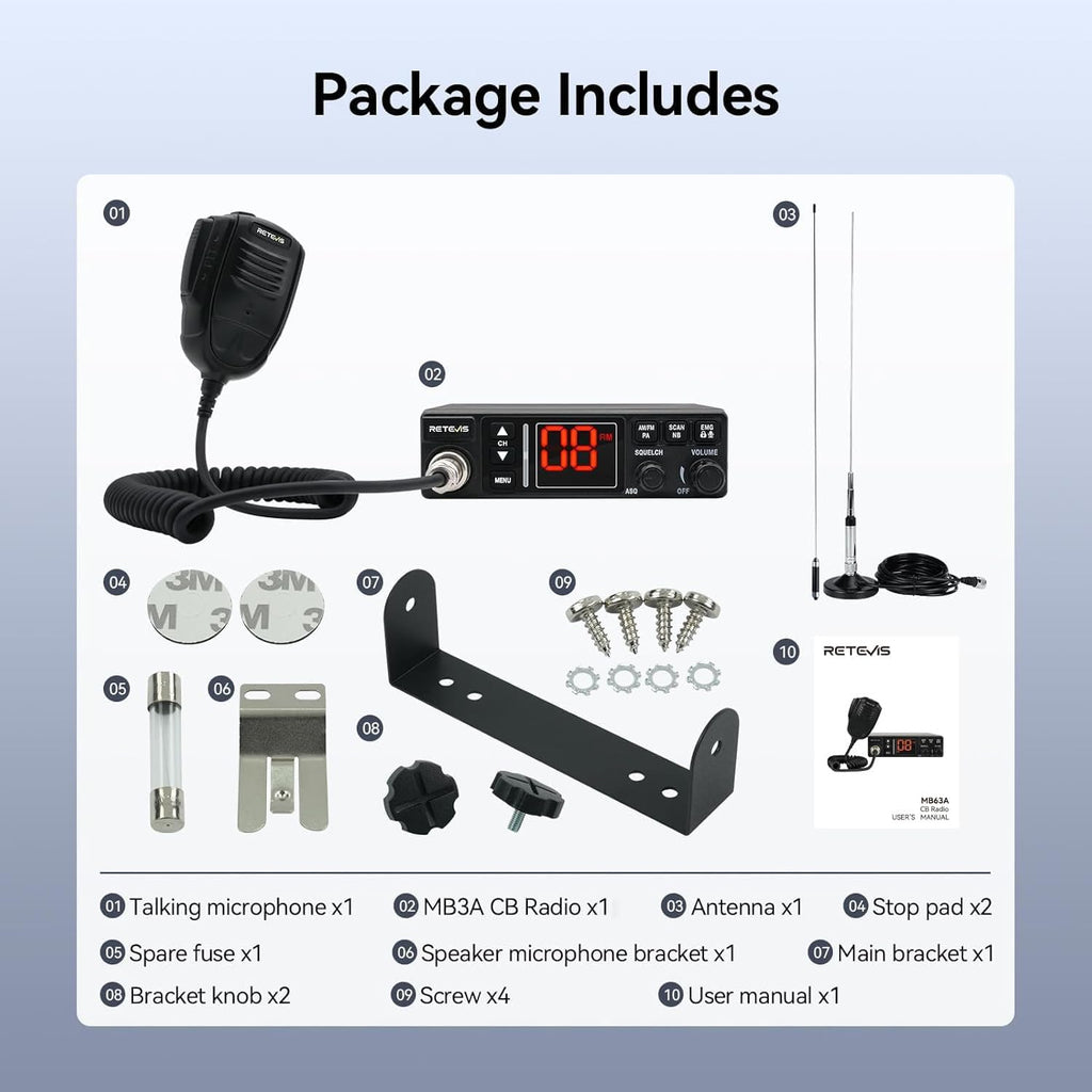 Retevis MB3A 40-Channel AM/FM CB Radio Kit, Long Range Radio with Antenna