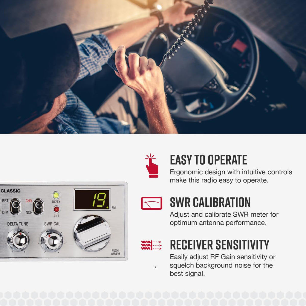 Cobra 29 LTD Chrome AM/FM Professional CB Radio - Easy to Operate, Emergency Radio, Instant Channel 9, 4-Watt Output, Full 40 Channels, Adjustable Receiver and SWR Calibration, Chrome