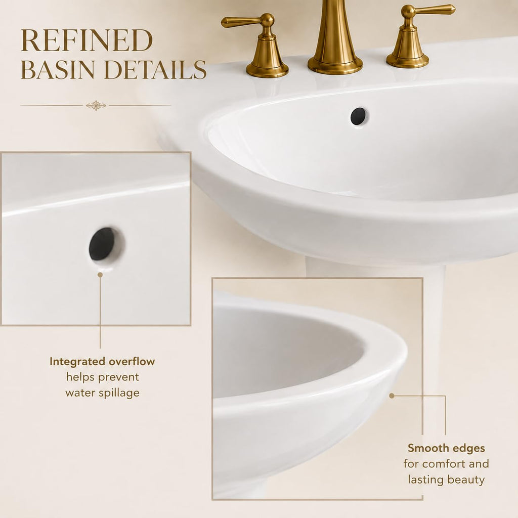 Garvee White Ceramic Pedestal Bathroom Sink, Single Hole Freestanding Basin