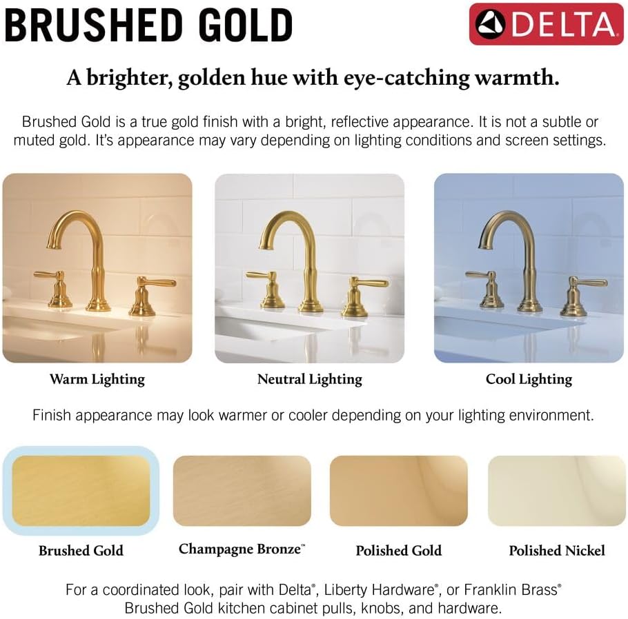 Delta Roe Brushed Gold Bathroom Faucet 3 Hole, 8 Inch Widespread Bathroom Sink Faucet for Vanity, Push-Pop Drain Assembly, Brushed Gold 35985LF-GB