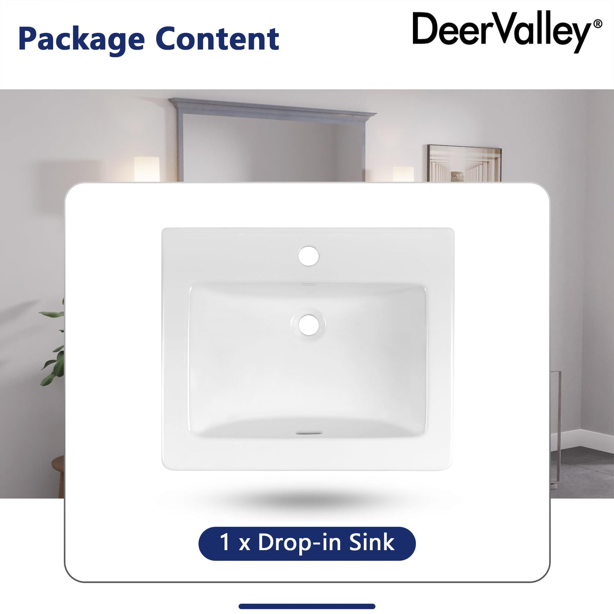 DeerValley Drop In Bathroom Sink White 21"x18" Rectangle Sleek 3-Hole Basin