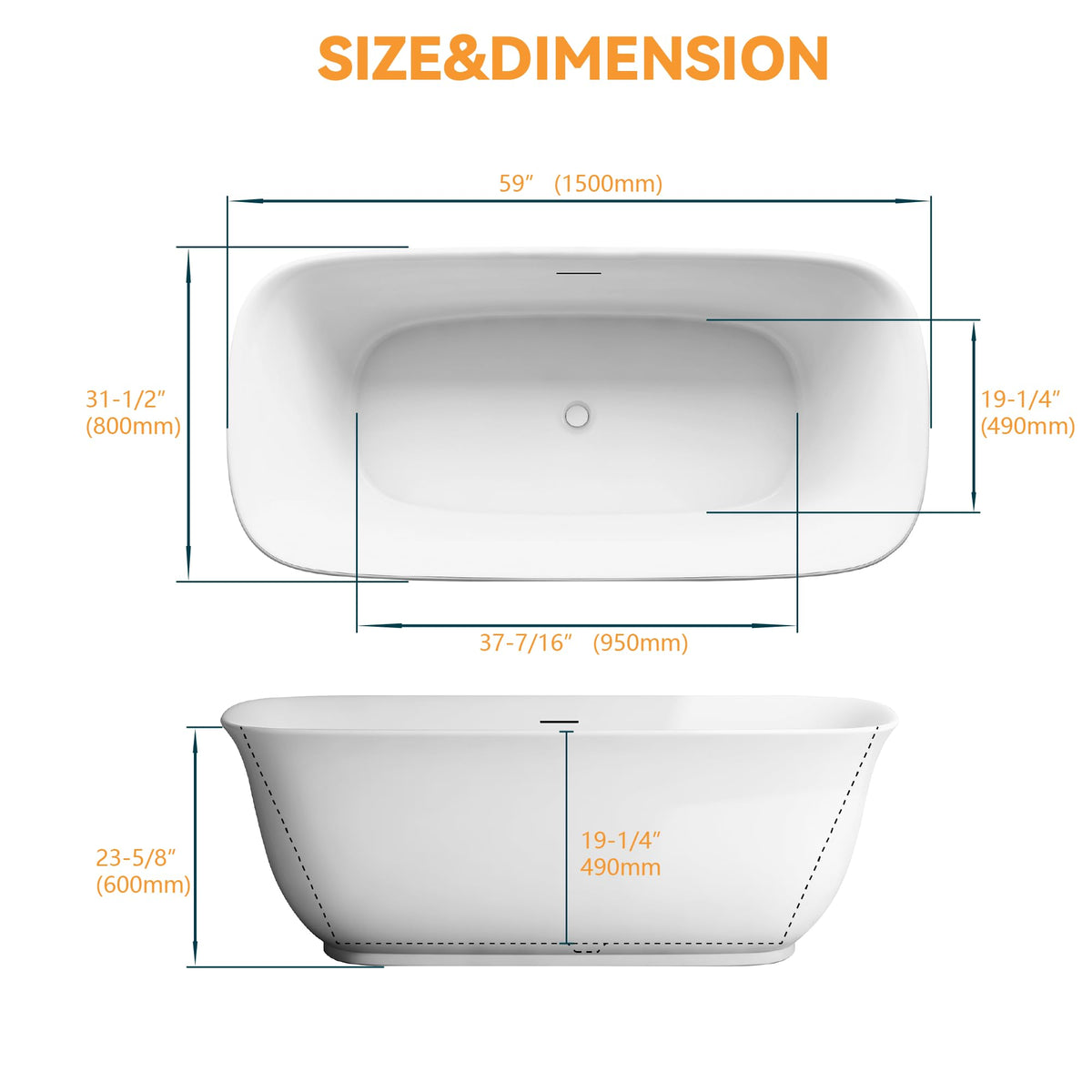 61" Freestanding Bathtubs, Acrylic Soaking Tubs for Adult, Integrated Overflow and Drain, cUPC Certified, Glossy White