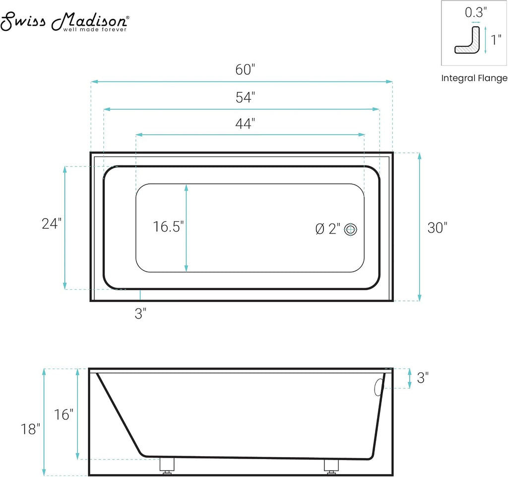 Voltaire 60" x 30" Right Drain Skirted Soaking Bathtub with Apron ADA Height in Glossy White