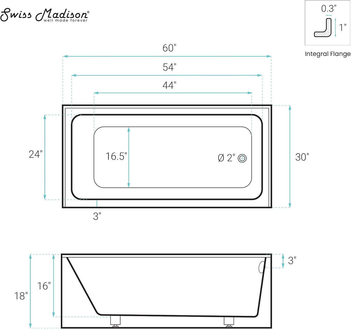 Voltaire 60" x 30" Right Drain Skirted Soaking Bathtub with Apron ADA Height in Glossy White