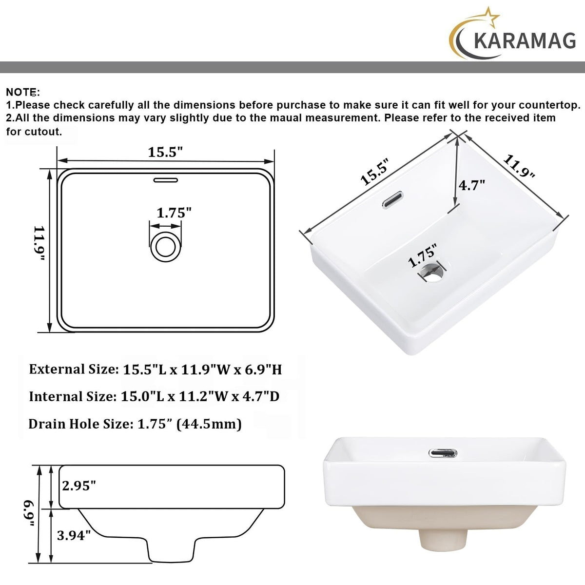 19 Inch Drop In Bathroom Vessel Sink with Overflow Rectangle White