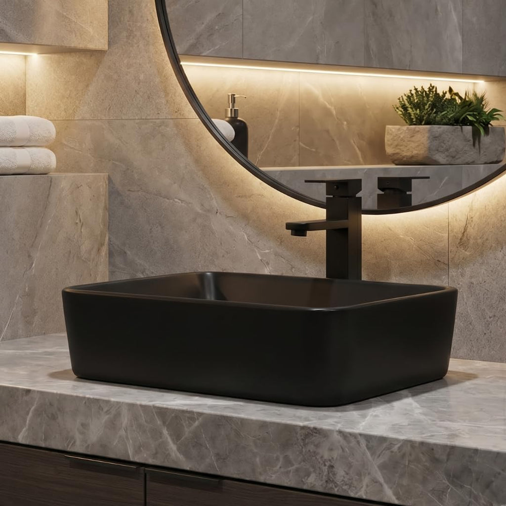 Ceramic Bathroom Sink, Black 19" x 15" Above Counter Porcelain Vessel Sink