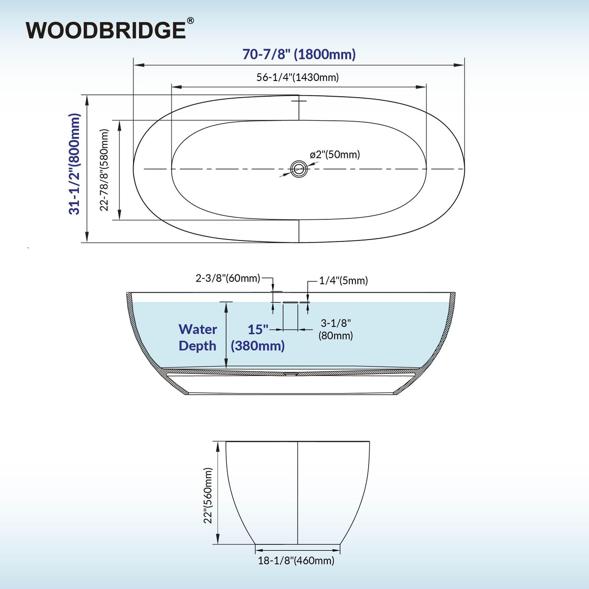 WOODBRIDGE 61" Stone Resin Freestanding Soaking Tub, Modern Oval Solid Surface Bathtub with Integrated Slotted Overflow & Drain, Matte White