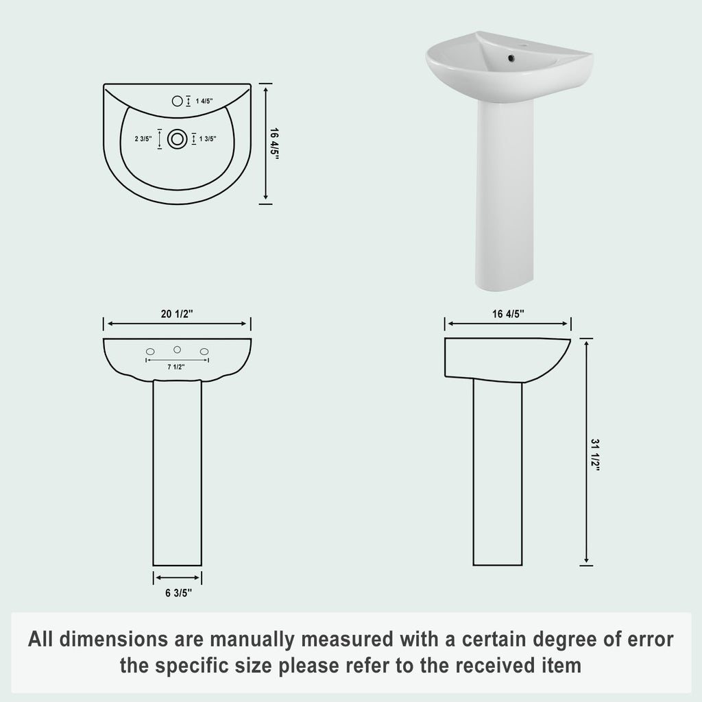 26" W X 20" D Bathroom Pedestal Sink, Rectangular White Ceramic Vanity Sink with Overflow and 3 Pre-Drilled Holes - Fits 8-Inch Faucets,Freestanding Restroom Sink Combo for Small Spaces