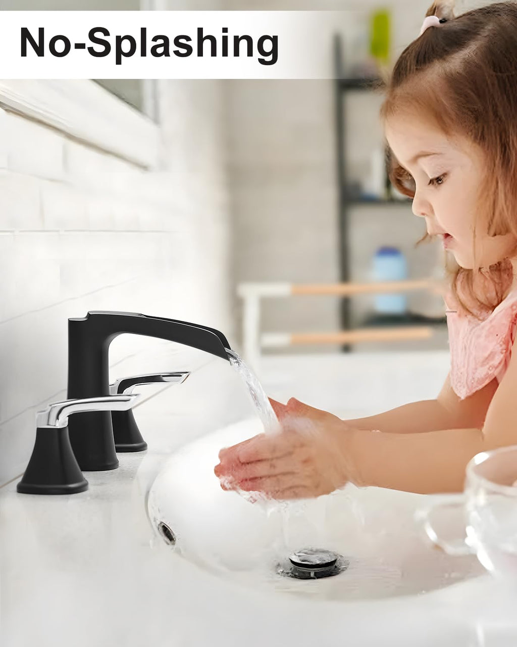 Fapully Brushed Nickel Bathroom Faucet 3 Hole, Waterfall 8 Inch Widespread Bathroom Sink Faucet with Pop-up Drain, Two-Handle Faucet for Bathroom Sink