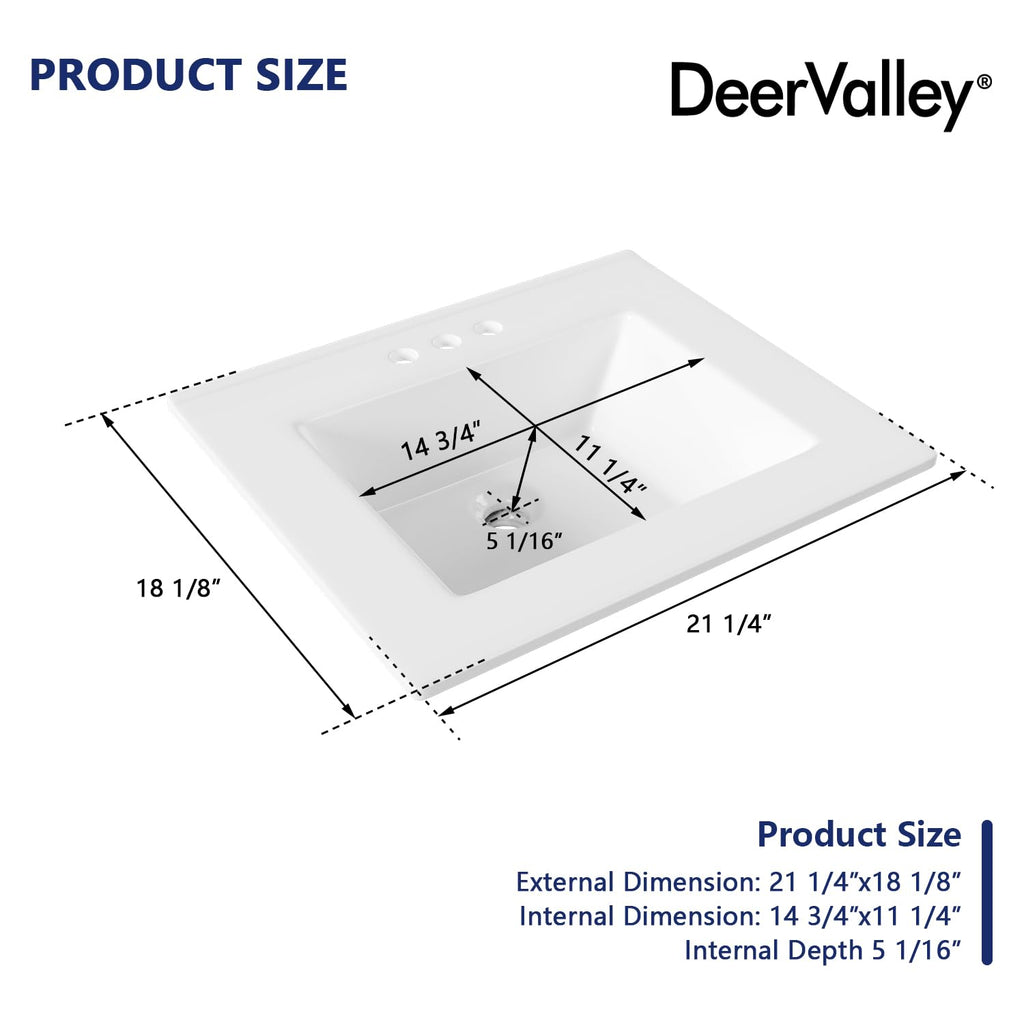 DeerValley Drop In Bathroom Sink White 21"x18" Rectangle Sleek 3-Hole Basin
