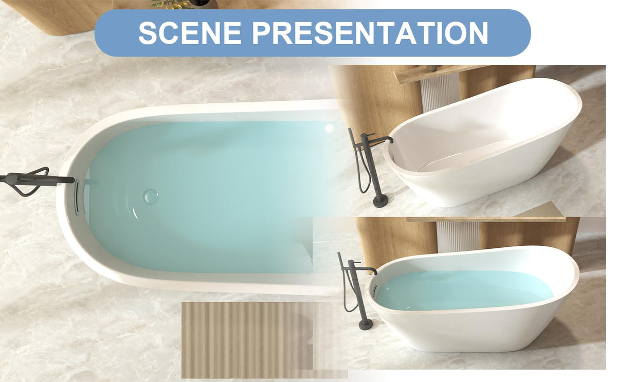 GDFStudio 67" Acrylic Freestanding Bathtub with Diamond Pattern, Modern Oval Soaking Tub, Freestanding Bath Spa Tub, Brushed Nickel Overflow & Pop-Up Drain, cUPC Certified, Glossy White