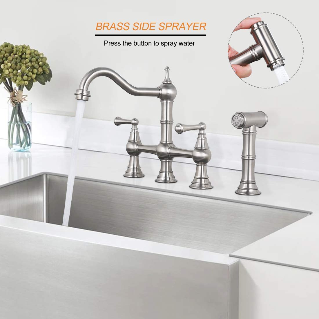 WOWOW Brass Bridge Kitchen Faucet 4 Hole with Side Sprayer, Brushed Gold