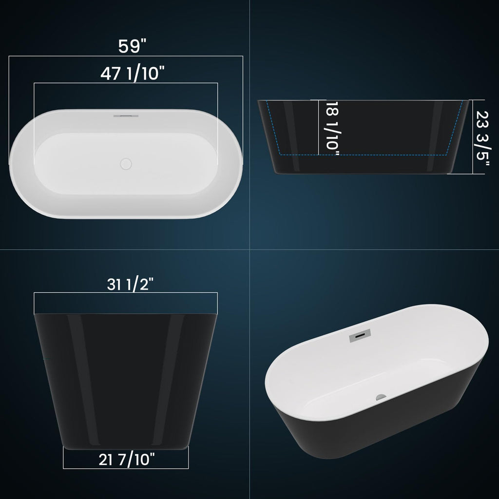 Freestanding Bathtub 59 inch Acrylic Free Standing Tub 59 Inch, Free Standing Tub with Chrome Drain & Overflow, Ergonomic Stand Alone Tub for Small Bathroom or Home Spa