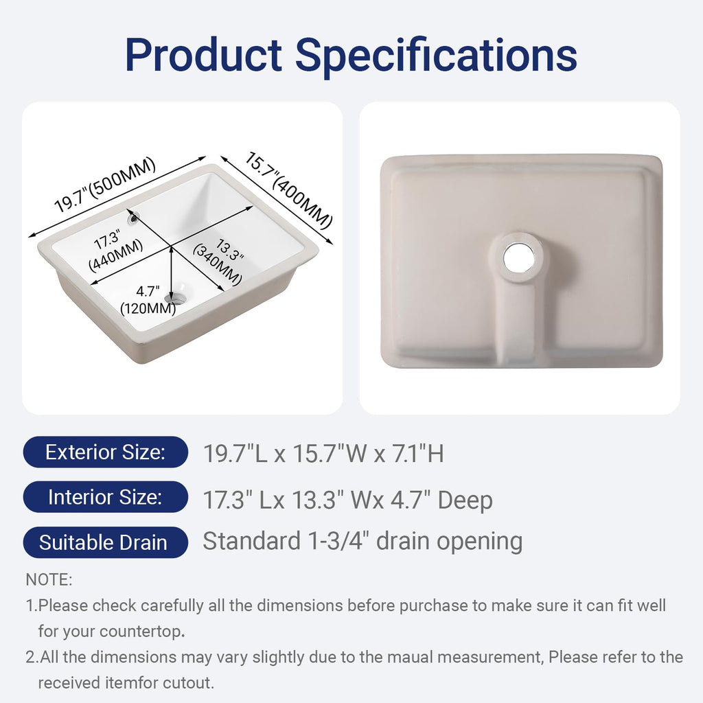 18in Undermount Bathroom Sink Rectangular, 18.1" x 13.8" Vessel Sink Rectrangle Undermount Bathroom Sink White Ceramic Lavatory Vanity Vessel Sink with Overflow