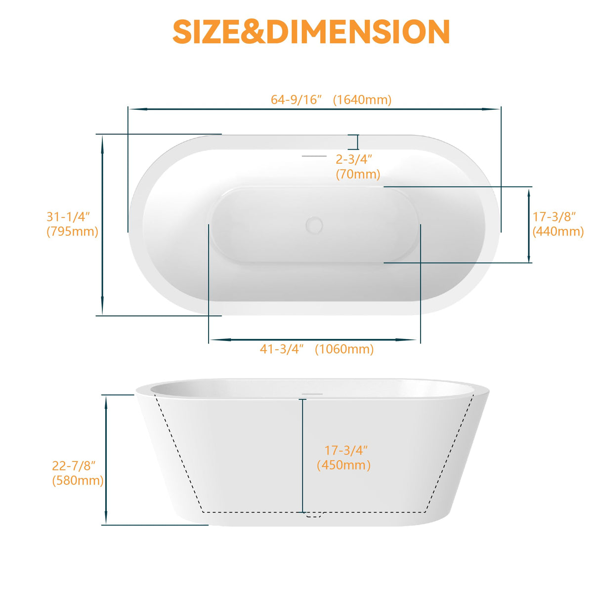 61" Freestanding Bathtubs, Acrylic Soaking Tubs for Adult, Integrated Overflow and Drain, cUPC Certified, Glossy White