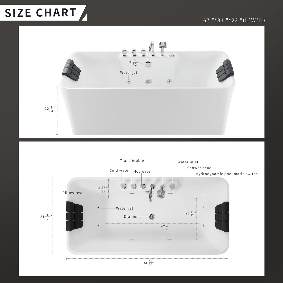 Empava 59" White Freestanding Rectangular Whirlpool Bathtub with 8 Adjustable Hydromassage Jets, ETL-Certified, 60-Gallon Capacity, Double-Ended Design & Two Pillows â Spacious for All Body Types