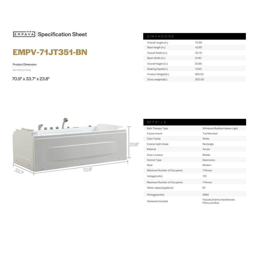 Empava Tub, 71" Jetted Bathtub with Air Bubble Massage & Inline Heater
