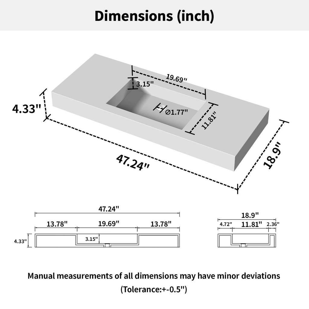 47" Wall Mount Sink, Artificial Stone Bathroom Sink, Single Hole