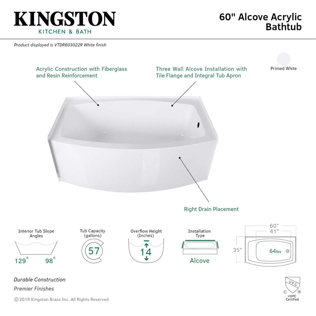 Aqua Eden VTAP603222R 60-Inch Acrylic 3-Wall Alcove Tub with Right Hand Drain Hole, White