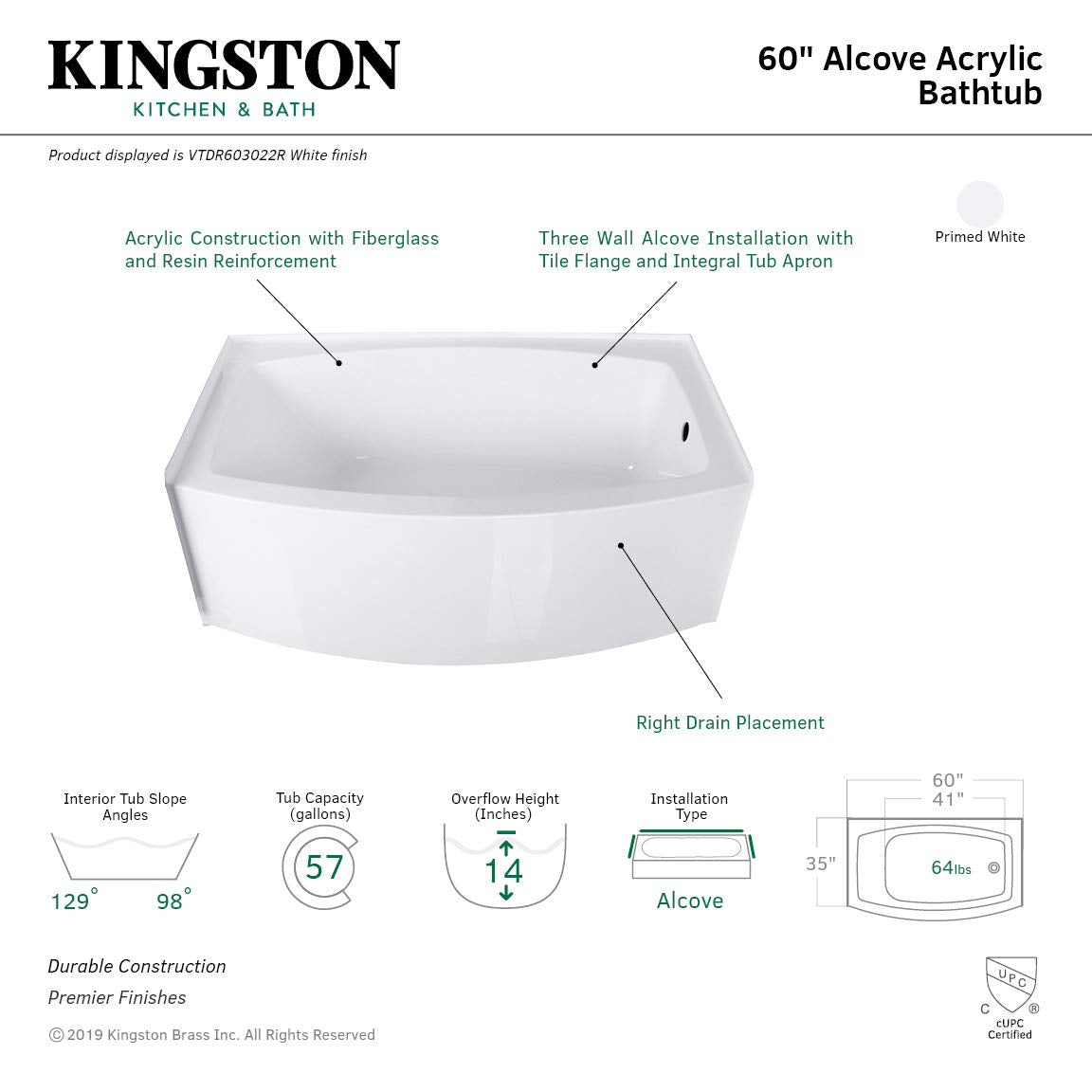 Aqua Eden VTAP603222R 60-Inch Acrylic 3-Wall Alcove Tub with Right Hand Drain Hole, White