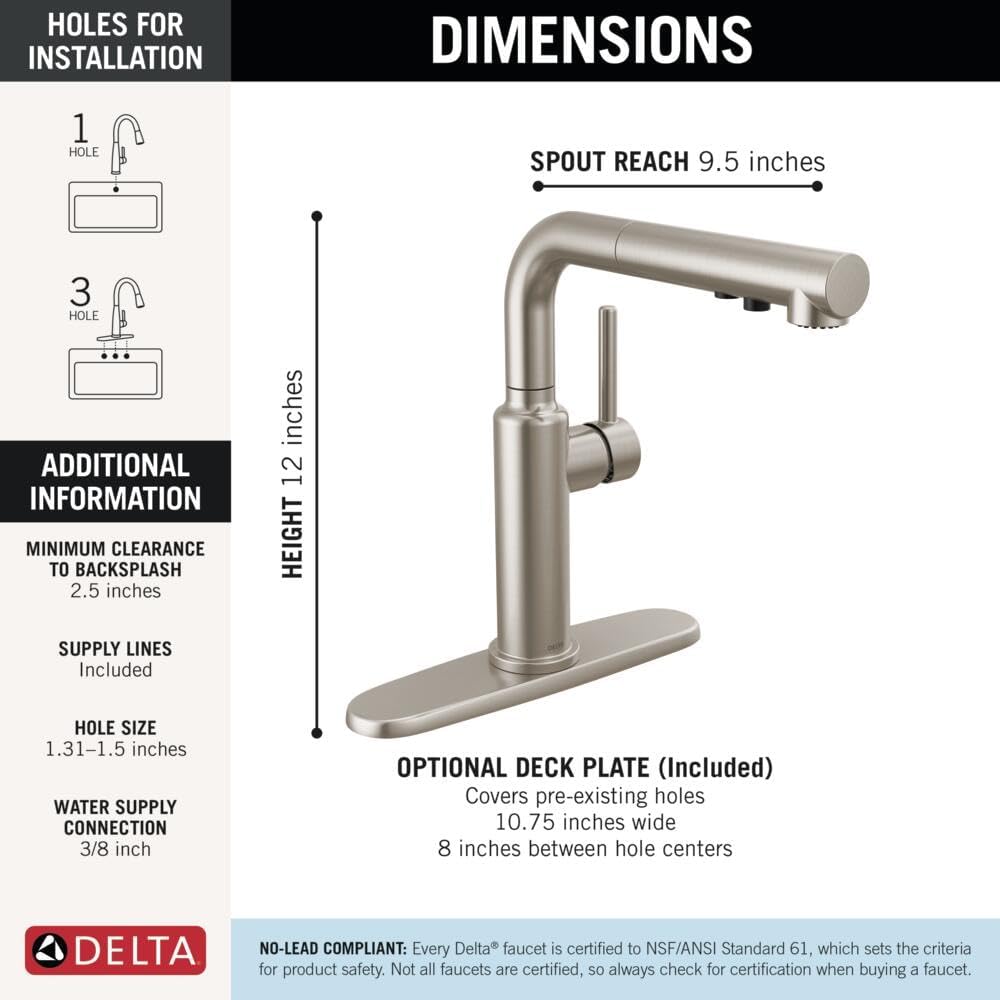 Delta Daneri Brushed Nickel Kitchen Faucet with Pull-Out Sprayer, Modern Single Hole Kitchen Sink Faucet, Single Handle, Stainless 16879-SS-DST