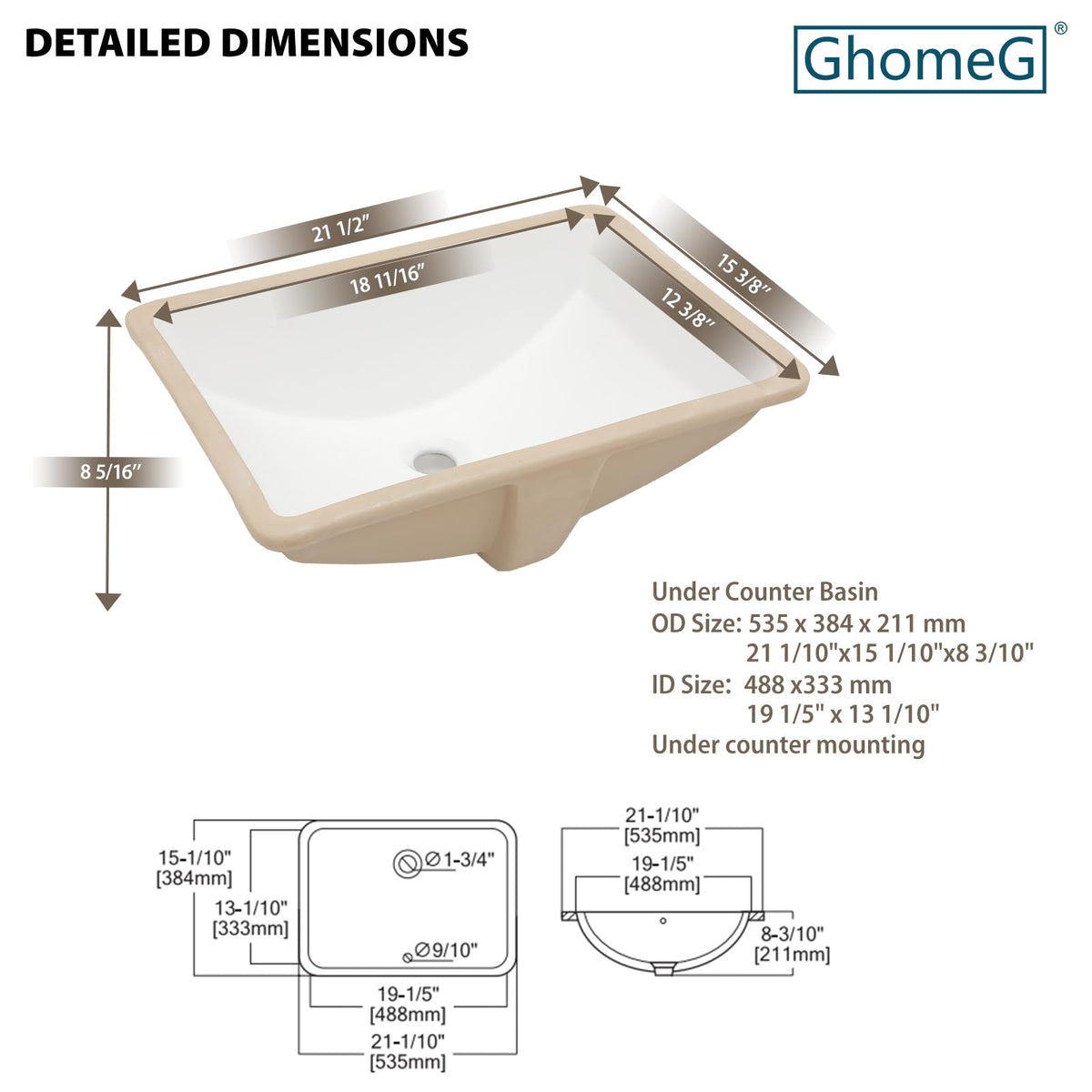 17 Inch Undermount Bathroom Sink Rectangle White