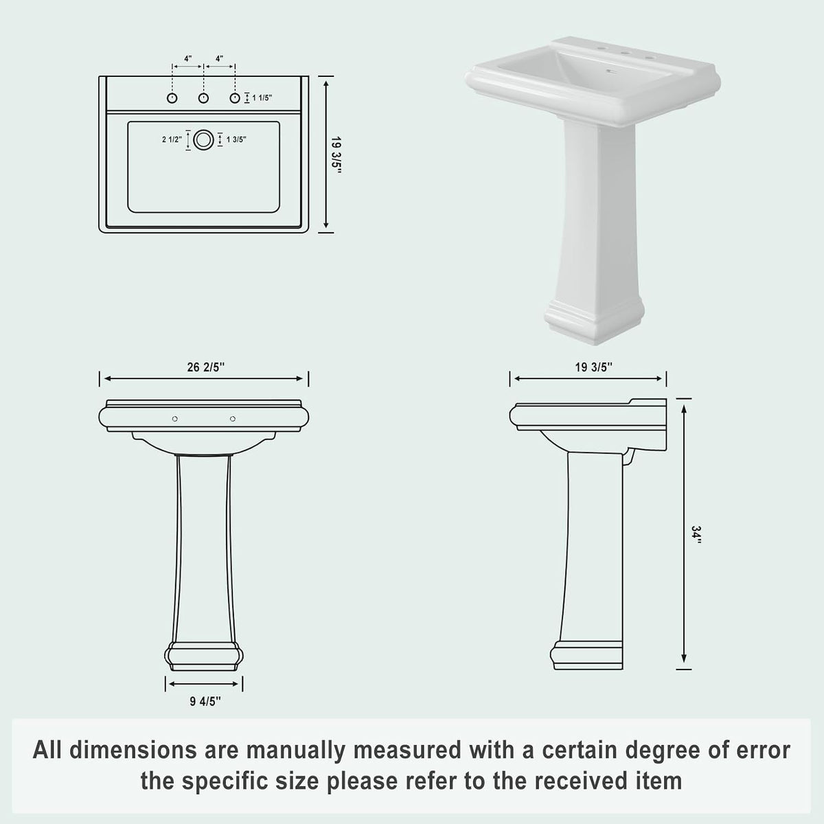 26" W X 20" D Bathroom Pedestal Sink, Rectangular White Ceramic Vanity Sink with Overflow and 3 Pre-Drilled Holes - Fits 8-Inch Faucets,Freestanding Restroom Sink Combo for Small Spaces