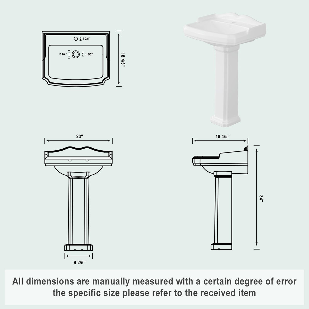 26" W X 20" D Bathroom Pedestal Sink, Rectangular White Ceramic Vanity Sink with Overflow and 3 Pre-Drilled Holes - Fits 8-Inch Faucets,Freestanding Restroom Sink Combo for Small Spaces
