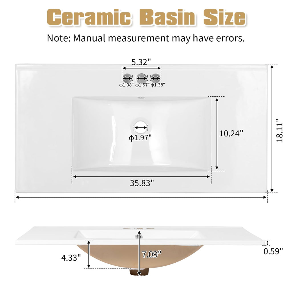 VINGLI 24 In Vanity Top Sink,1 Pre-Drilled Standard 1 3/8" Faucet Hole,1 3/4" Diameter of Center Hole,24 Inch Modern Rectangular Ceramic Single Sink Basin Vanity Top, 24"Wx18.1"Dx6.7"H,White