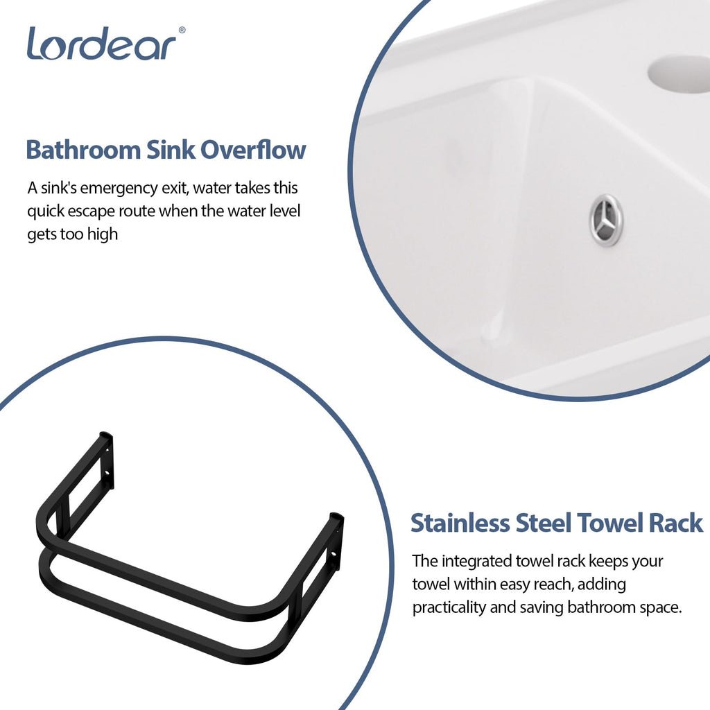 Lordear Wall Mount Bathroom Sink 21x12 Inch White Rectangle Sink with Overflow Porcelain Ceramic Floating Bathroom Vessel Sinks, Wall Hung Wash Hand Basin