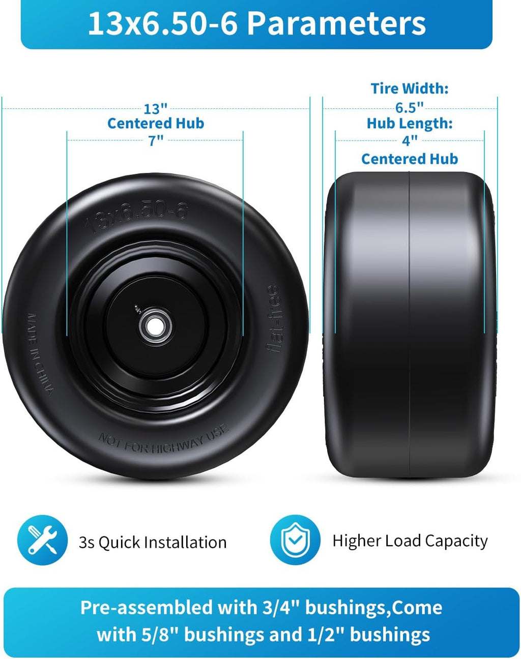 13x6.50-6" Flat Free Lawn Mower Tires, Universal Fit Solid Front Tires for Zero Turn Mowers, Adjustable Hub with 3/4" & 5/8" Bearings for Residential & Commercial Use, 2 Pack, Large Bearing Design