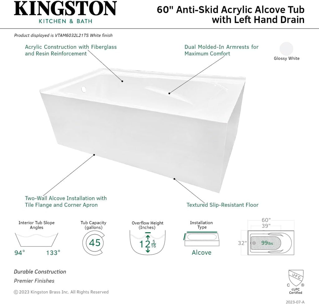 Kingston VTAM6032L21TS 2-Wall Corner Alcove Tub, Glossy White
