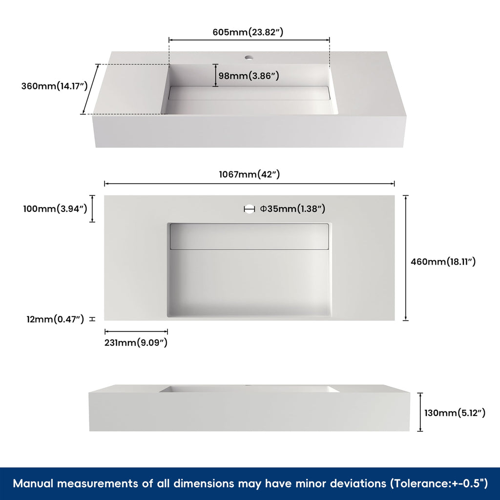 47" Wall Mount Sink, Artificial Stone Bathroom Sink, Single Hole