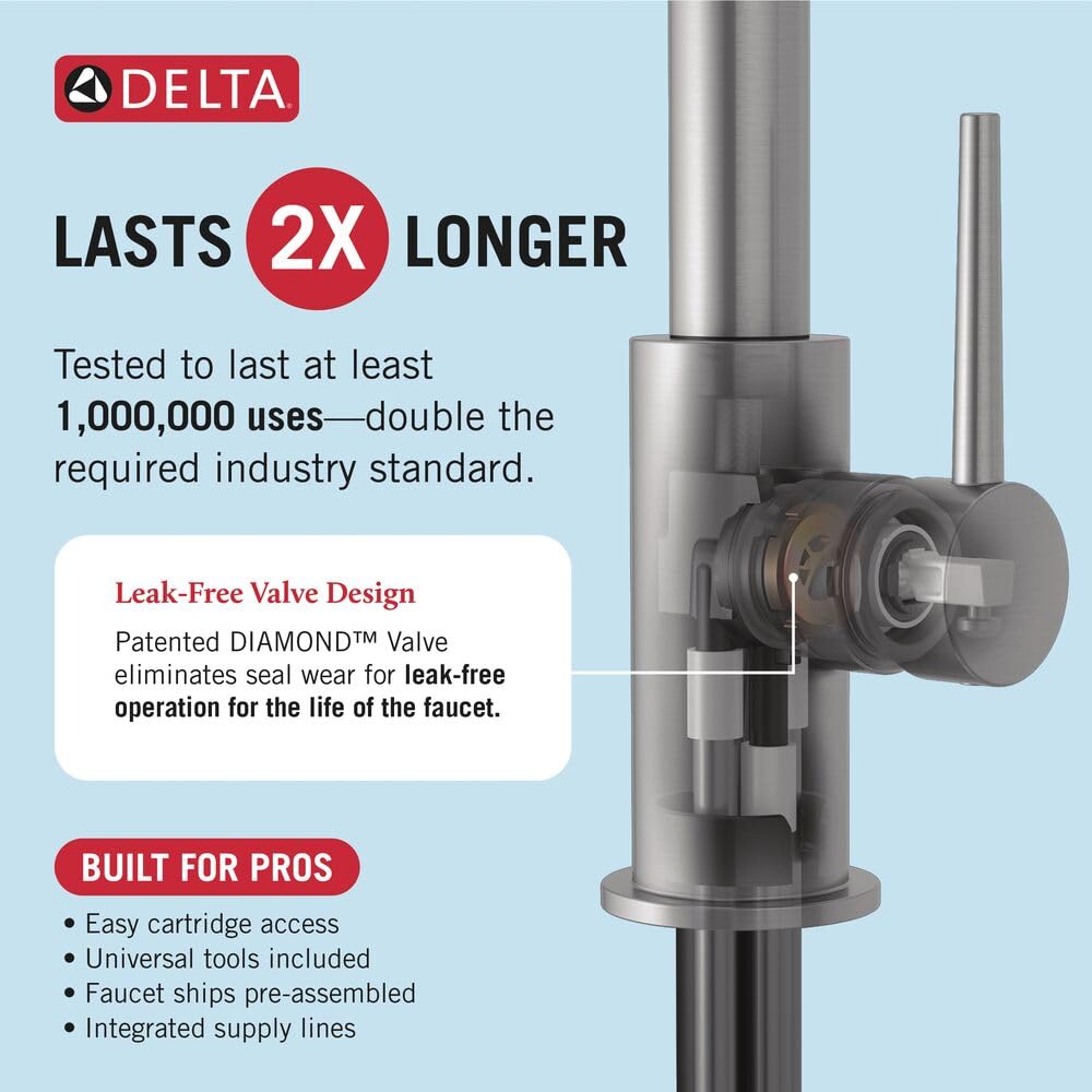 Delta Essa Brushed Nickel Kitchen Faucet with Pull Down Sprayer, Modern Single Hole Kitchen Sink Faucet, Single Handle, Arctic Stainless 9113-AR-DST
