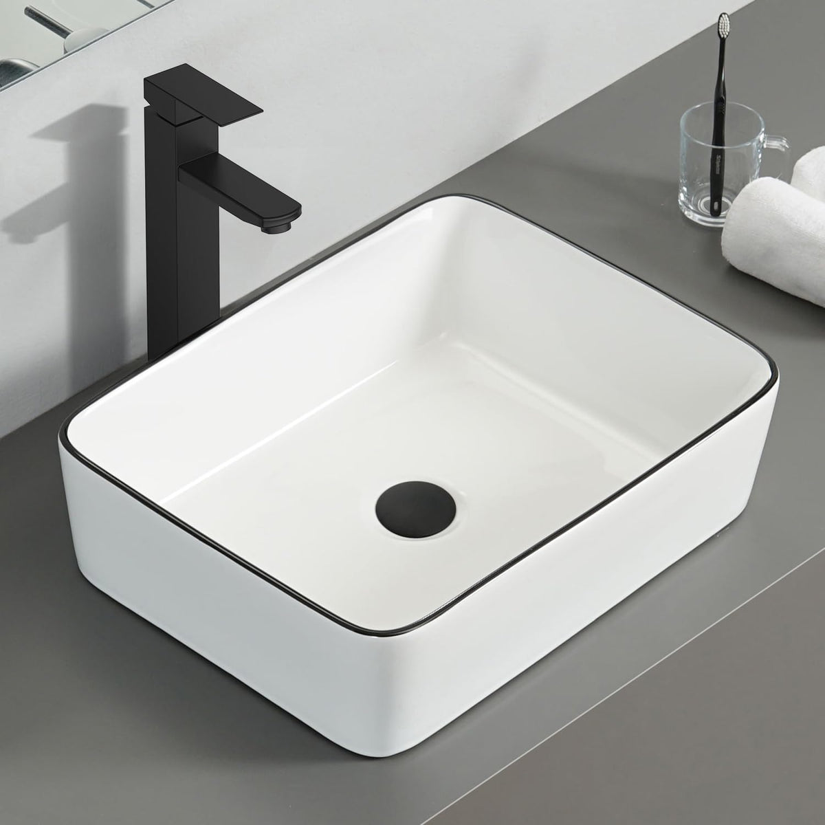 Ceramic Bathroom Sink, Black 19" x 15" Above Counter Porcelain Vessel Sink