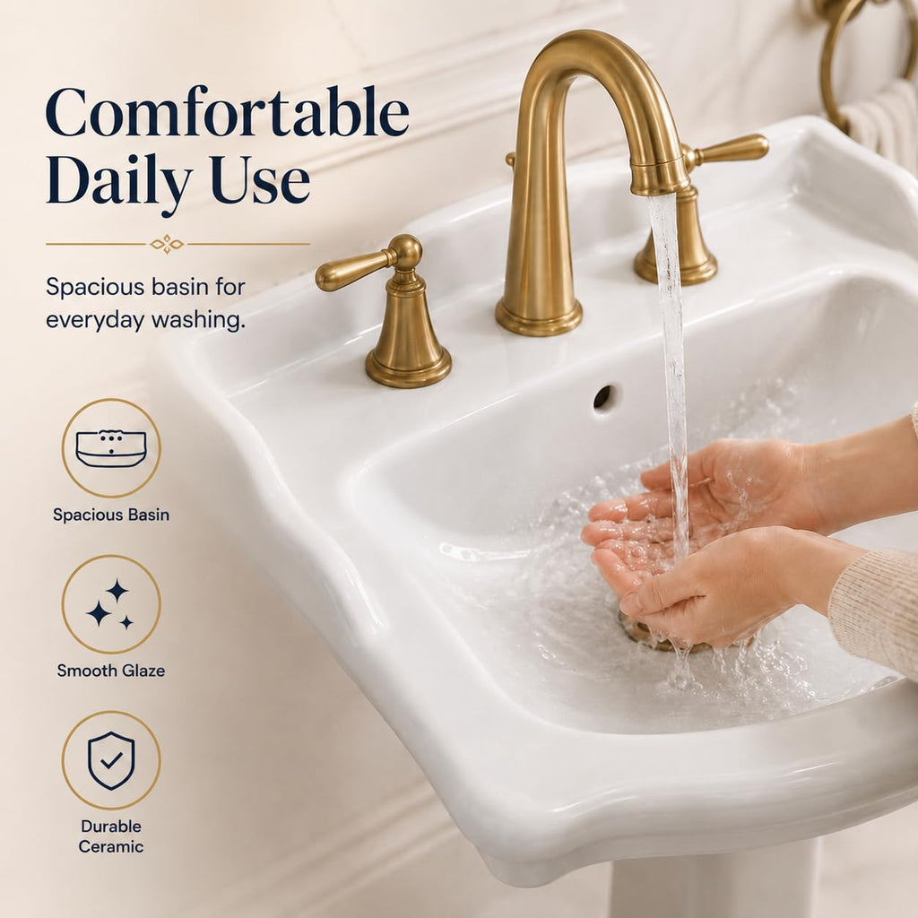 Garvee White Ceramic Pedestal Bathroom Sink, Single Hole Freestanding Basin
