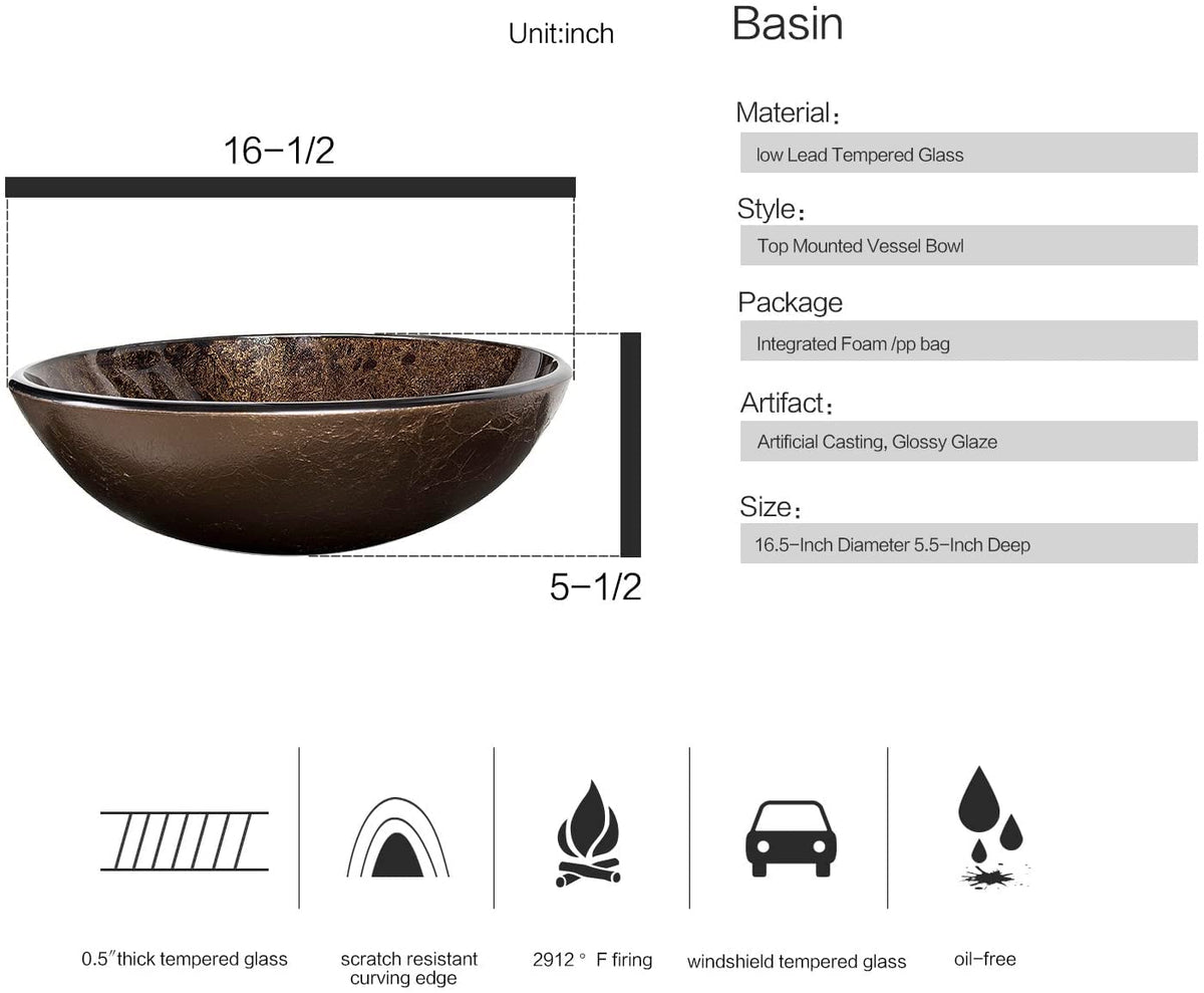 YOURLITE Bathroom Artistic Vessel Sink, Tempered Glass Countertop Bowl Sink